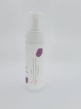 Load image into Gallery viewer, Bee Vee Clean Lavender Calm Foaming Wash bottle with pump dispenser. White bottle with label featuring purple abstract shapes and ingredient list.
