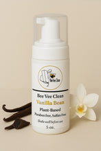 Load image into Gallery viewer, Bee Vee Clean Vanilla Bean Foaming Cleanser, plant-based, paraben and sulfate-free, 5 oz bottle with pump dispenser.
