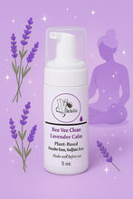 Load image into Gallery viewer, Bee Vee Clean Lavender Calm foaming cleanser in a white pump bottle, with lavender sprigs and a meditating figure.

