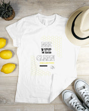 Load image into Gallery viewer, Bee Vee Clean white cotton t-shirt with 'Bee Vee Clean Collection' graphic and honeycomb design. Casual style.
